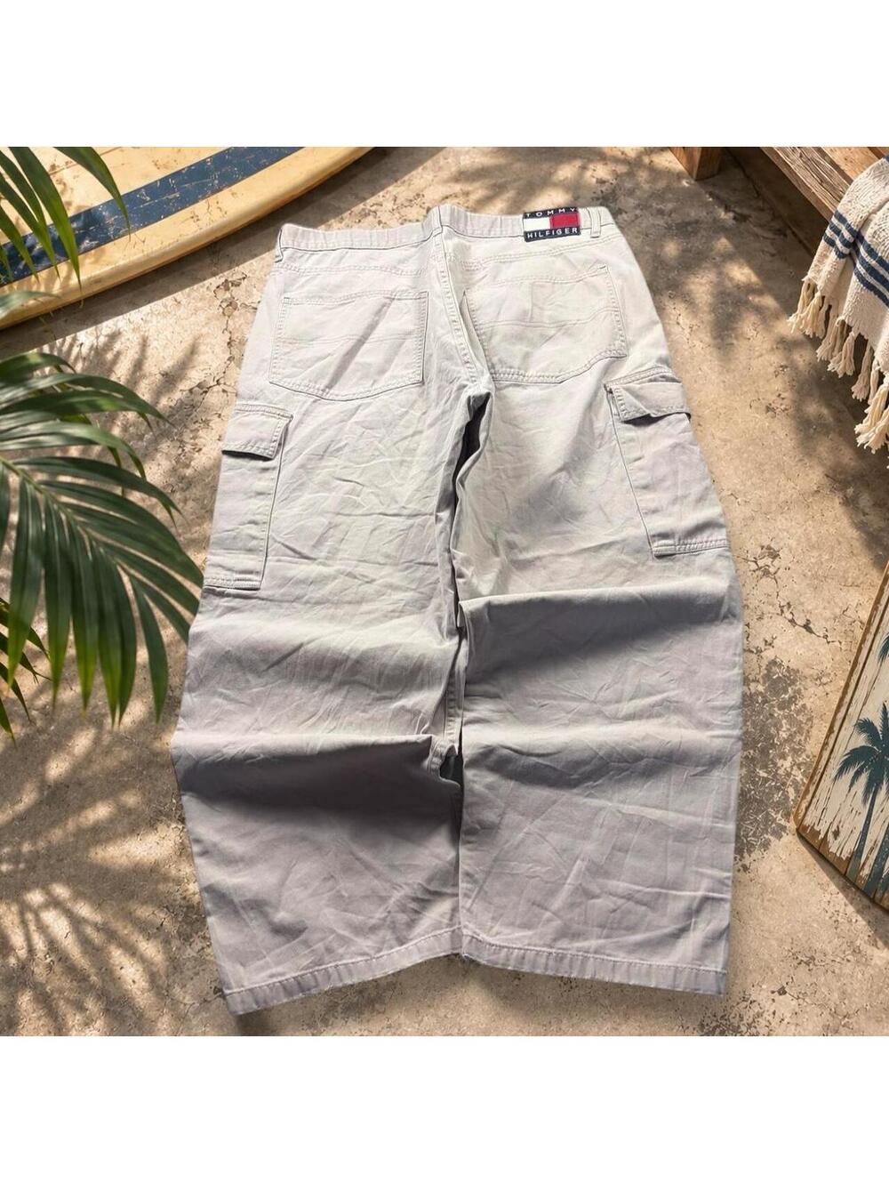 Vintage Tommy Hilfiger Baggy Cargo Pants Cream Beige Y2K Skater Hip Hop 38x32